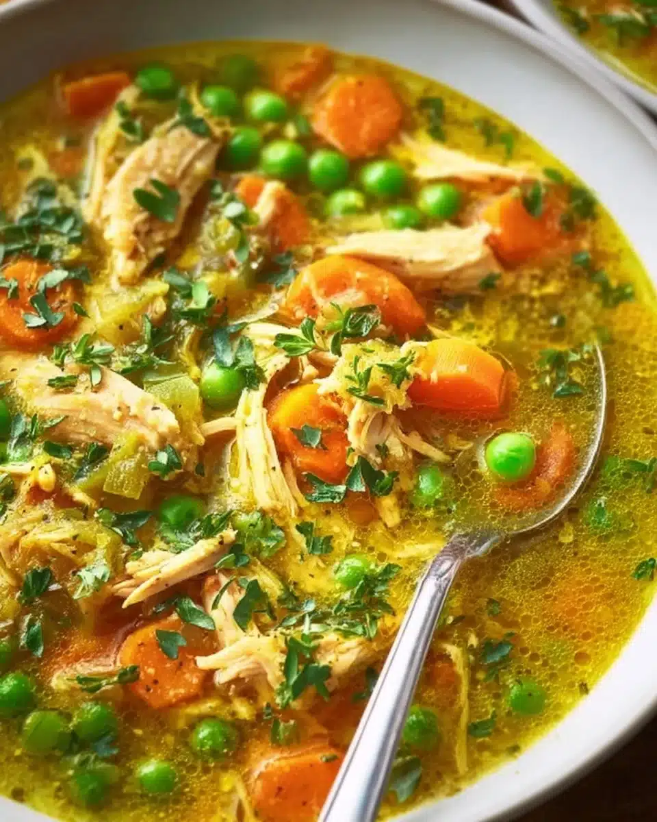 Bowl of anti-inflammatory turmeric chicken soup garnished with herbs