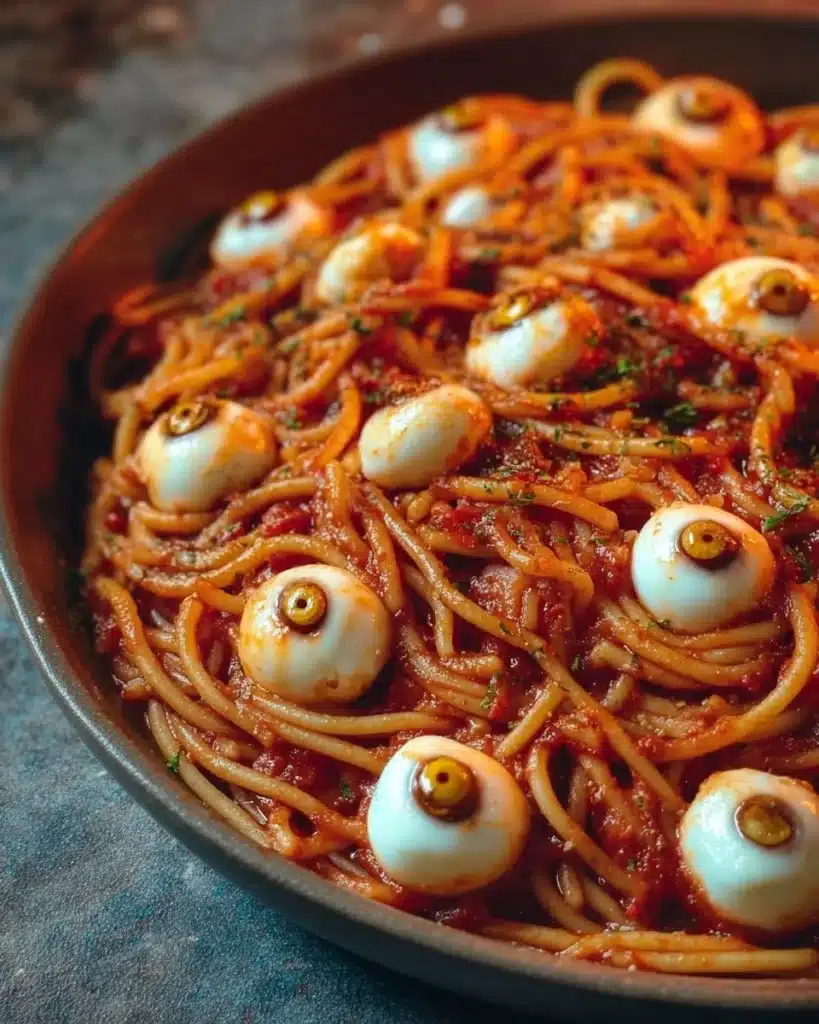 Plate of Bloody Spaghetti with Mozzarella Eyeballs served for Halloween dinner