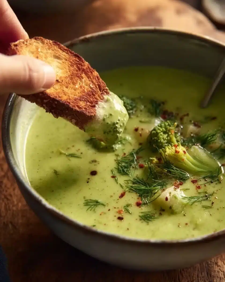Bowl of Broccoli Dill Pickle Soup with White Beans and Potatoes