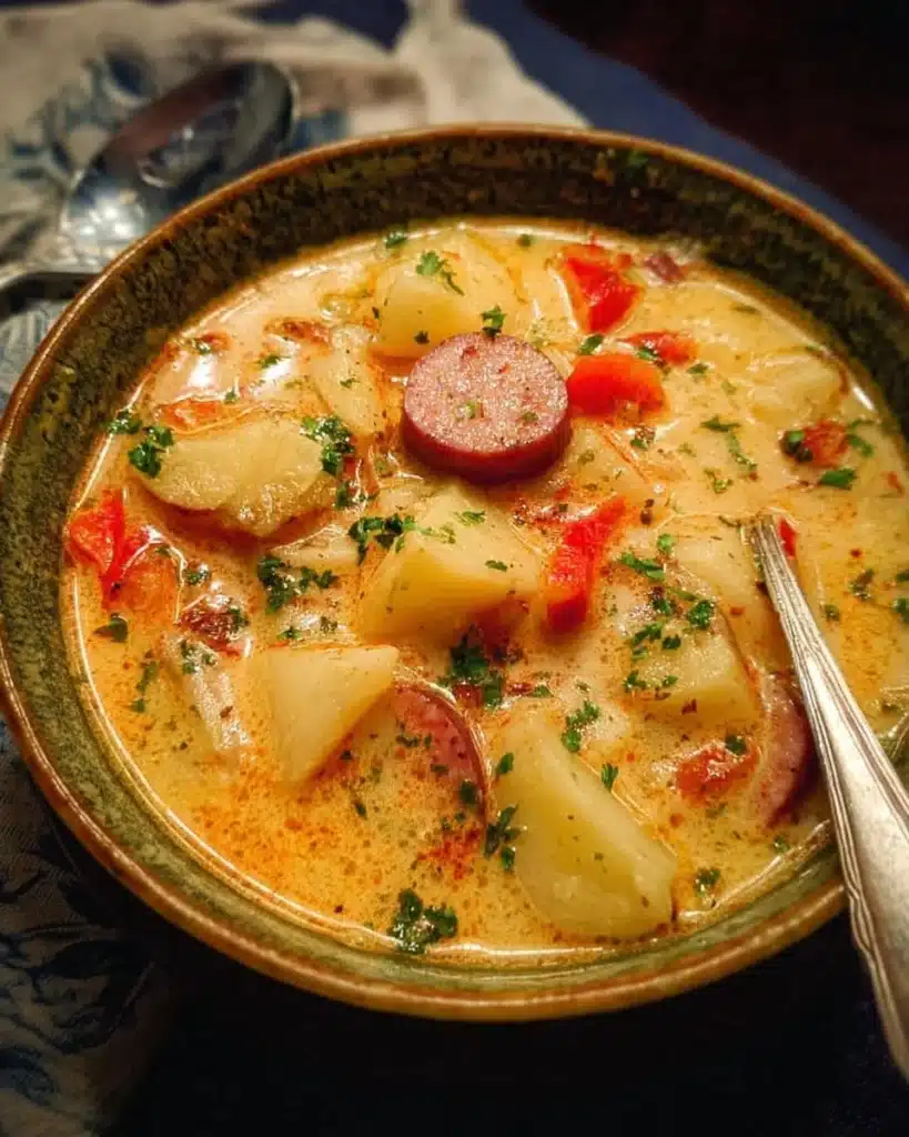 Delicious bowl of Cajun Potato Soup garnished with herbs and spices.