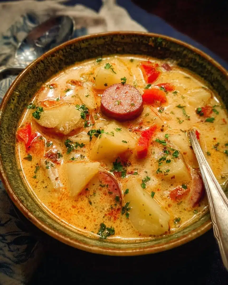 Delicious bowl of Cajun Potato Soup garnished with herbs and spices.