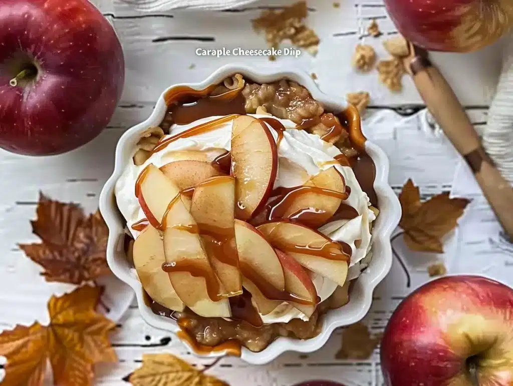 Delicious caramel apple cheesecake dip served with apple slices