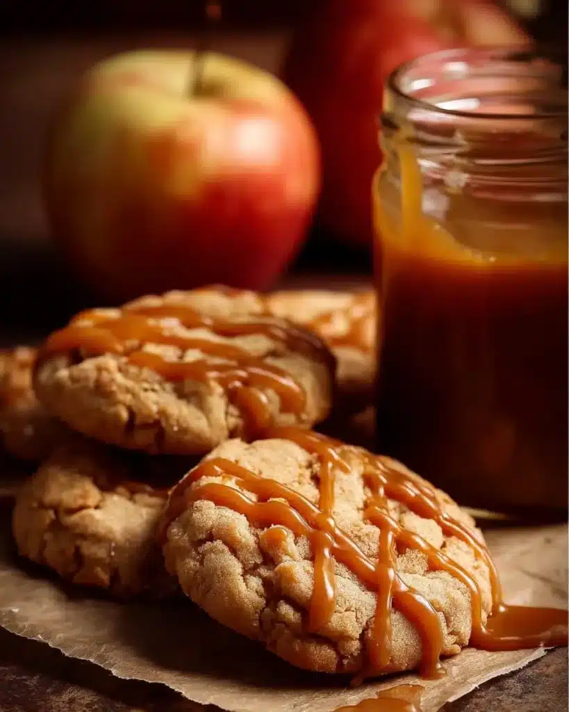Delicious homemade caramel apple cookies on a rustic wooden table