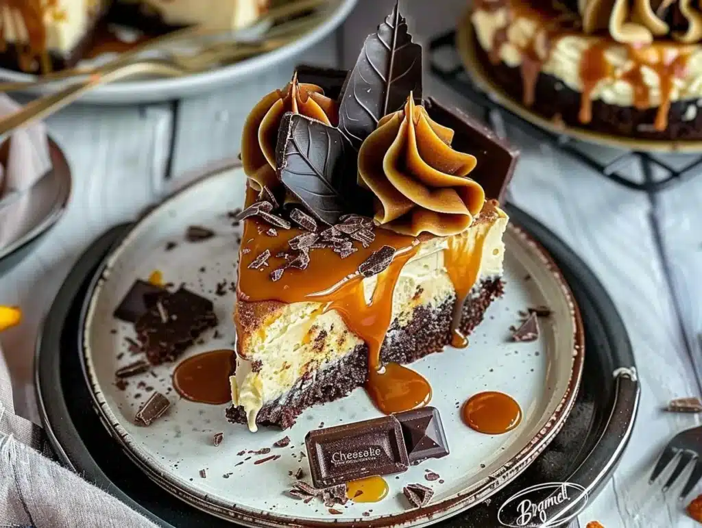 Delicious Caramel Brownie Cheesecake topped with caramel drizzle