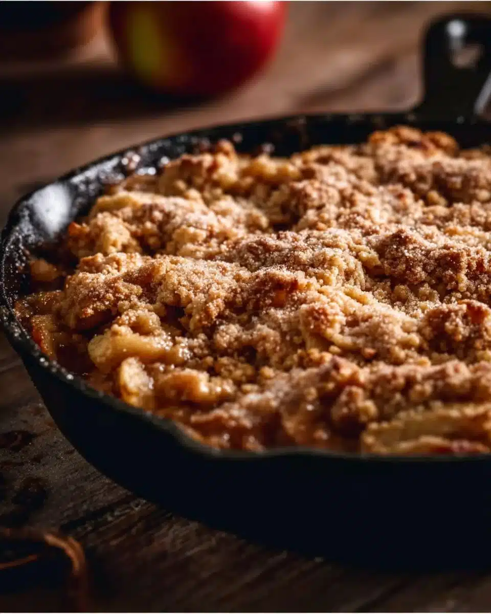 Delicious Cast Iron Apple Crisp with a crunchy topping and cinnamon apples