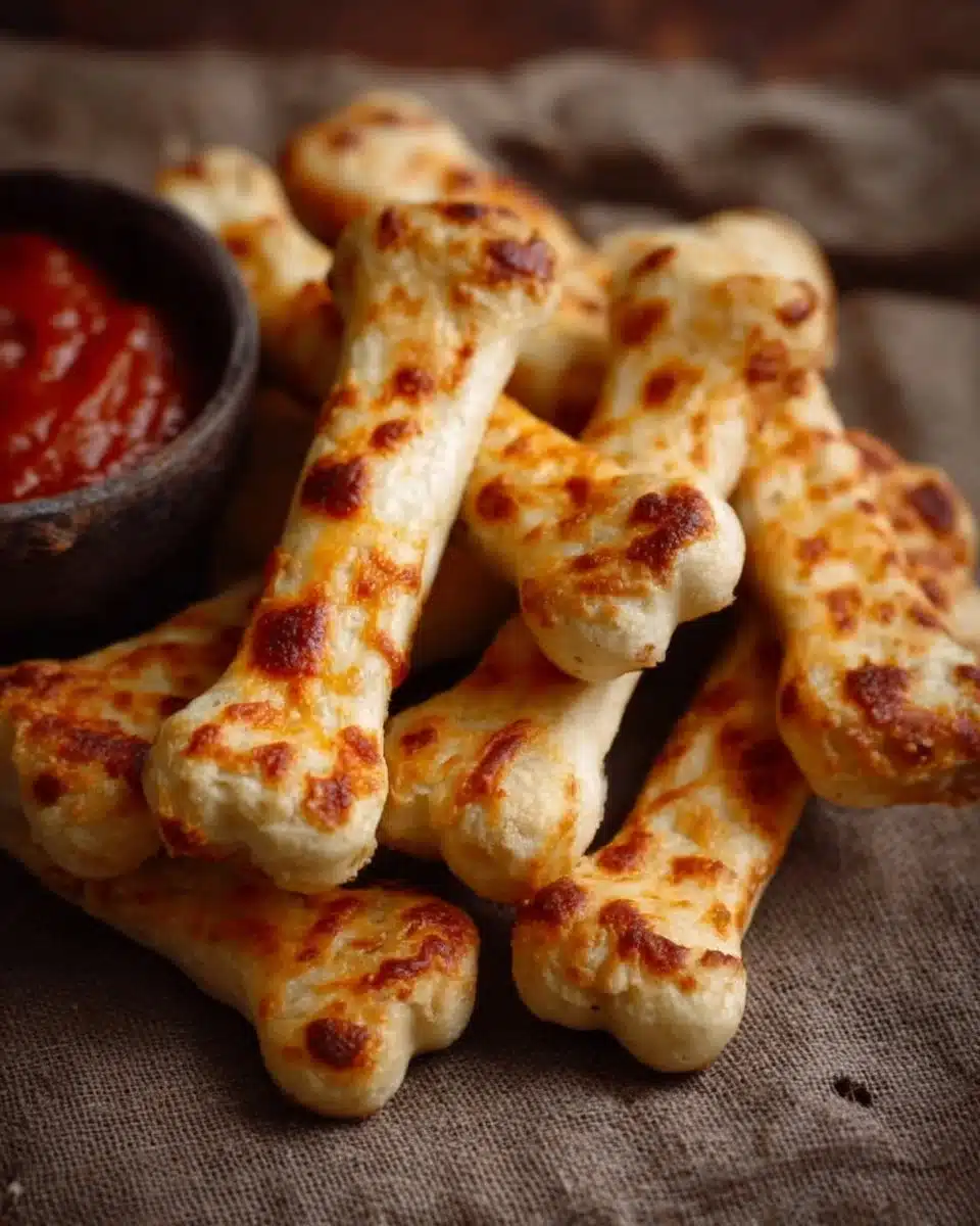 Cheesy Halloween breadstick bones shaped like skeletons for festive snacks.