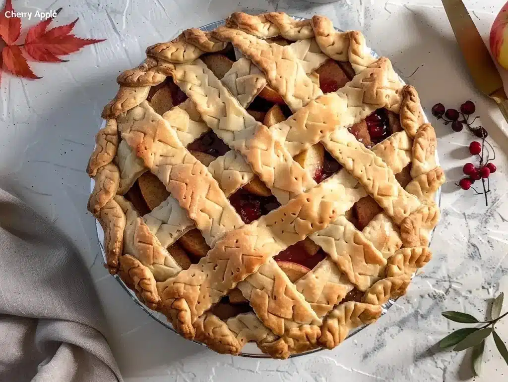 Freshly baked cherry apple pie with flaky crust and colorful fruit filling