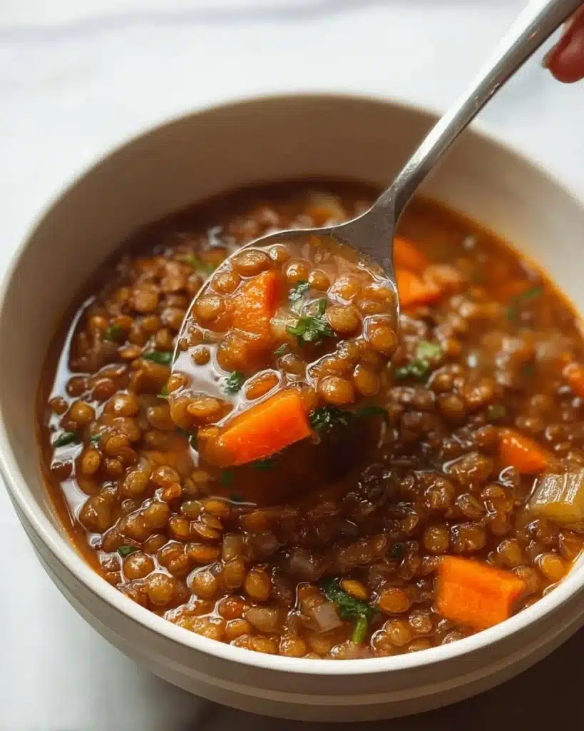 A hearty bowl of classic lentil soup with vegetables and spices