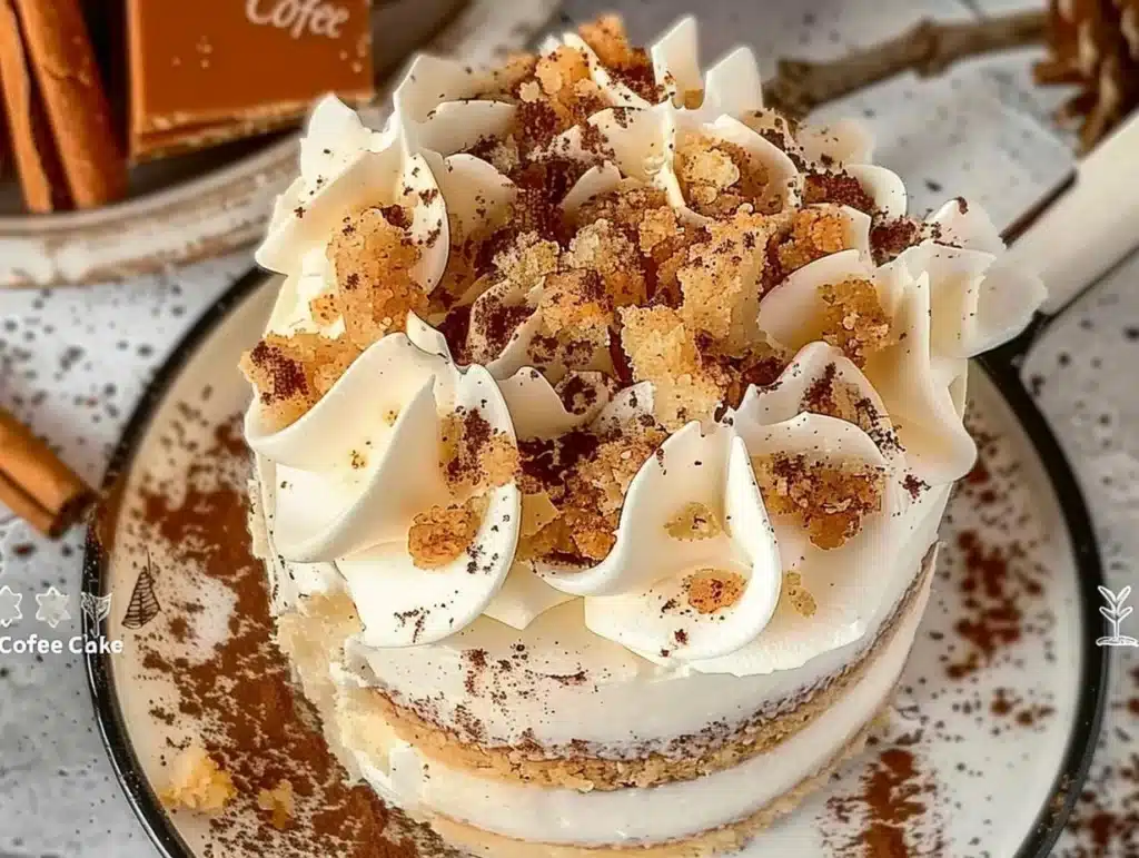 A slice of homemade coffee cake with a crumbly topping on a white plate.