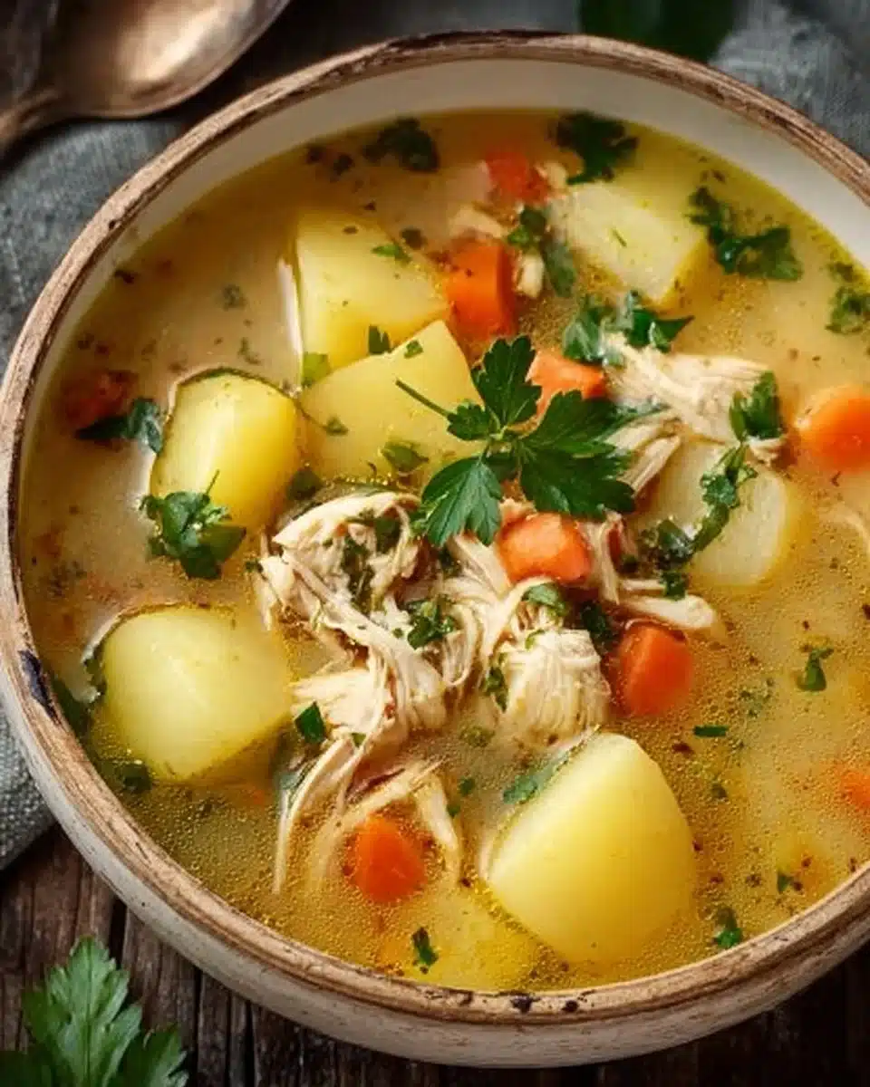 Comforting Chicken Soup with Potatoes 1 Bowl of comforting chicken soup with potatoes garnished with herbs
