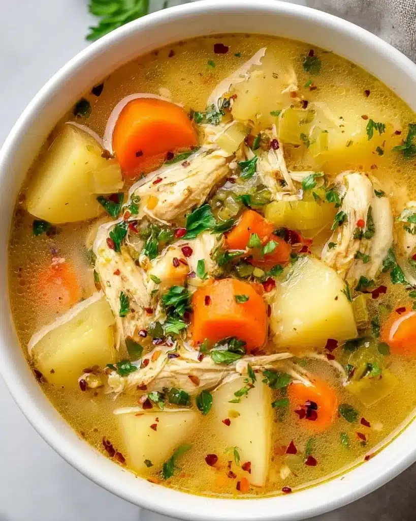 Comforting chicken soup with potatoes in a bowl, steaming and delicious.