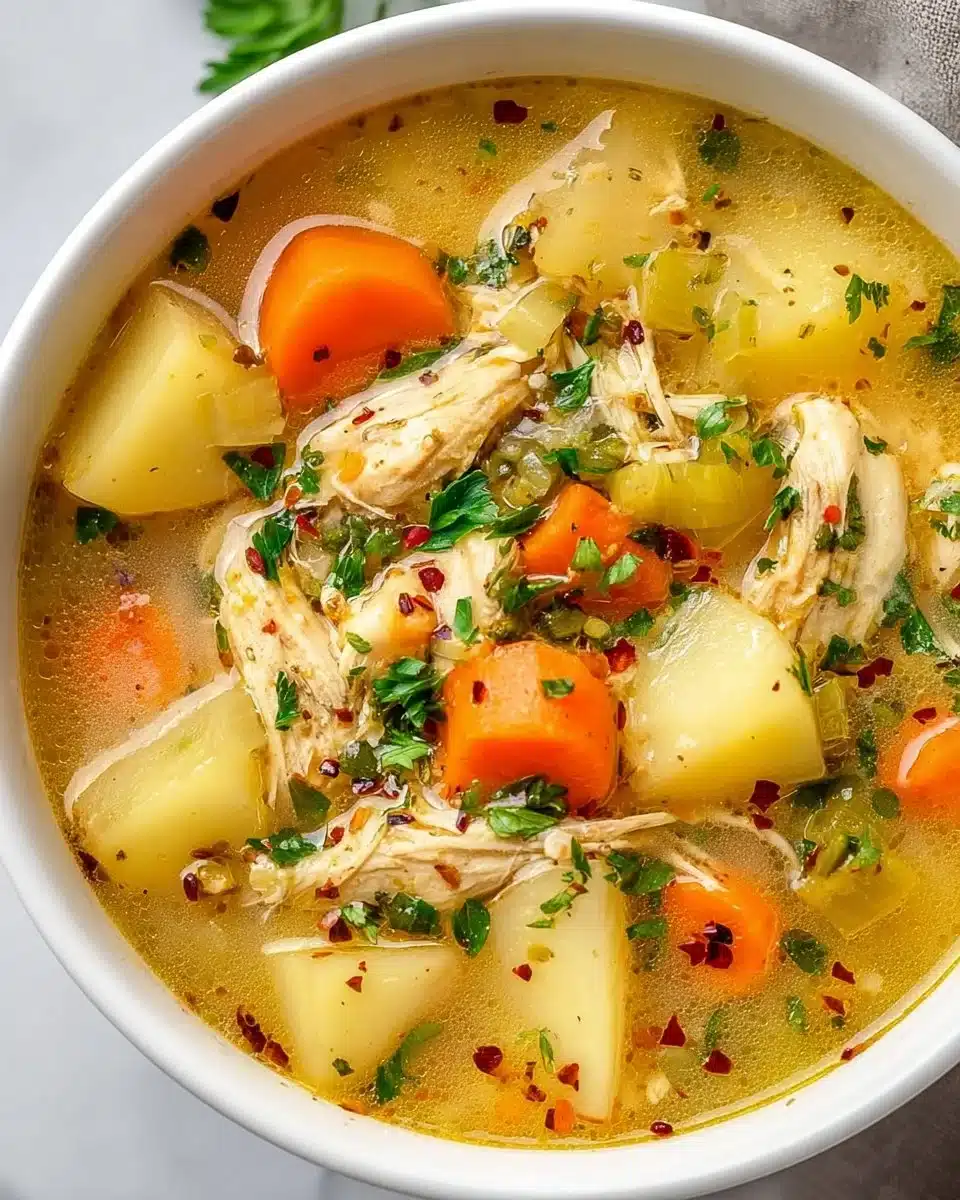Comforting chicken soup with potatoes in a bowl, steaming and delicious.
