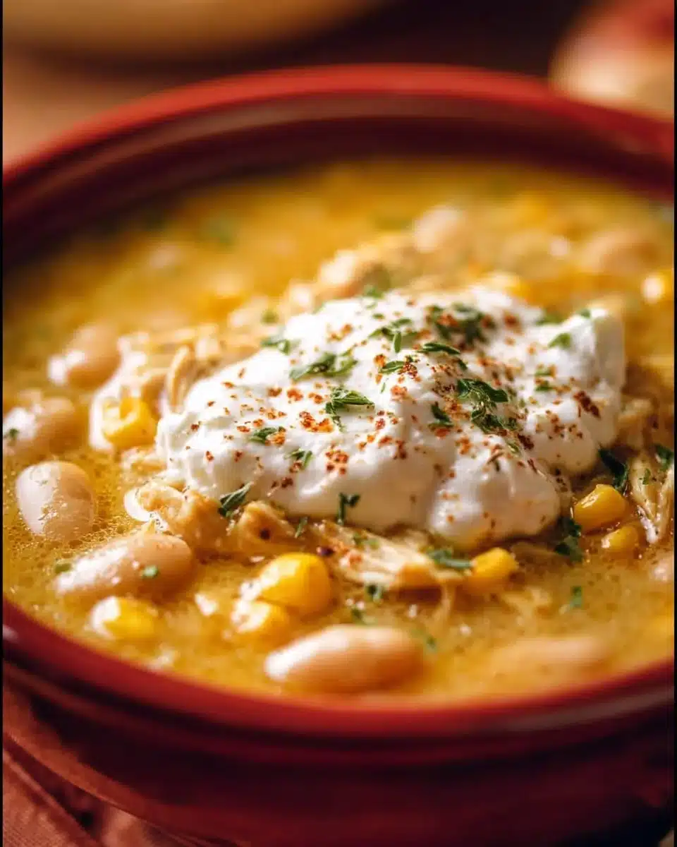 Creamy Crockpot White Chicken Chili 1 Bowl of creamy Crockpot white chicken chili topped with cilantro and cheese