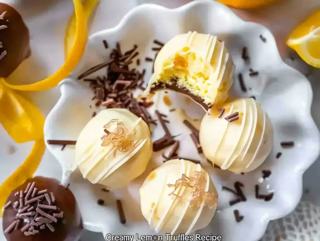 Creamy lemon truffles nestled in a decorative box on a bright table