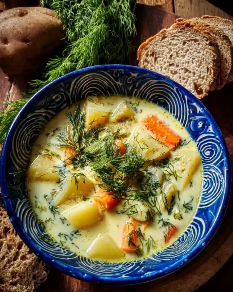 Creamy potato and dill soup served in a bowl with fresh herbs on top.