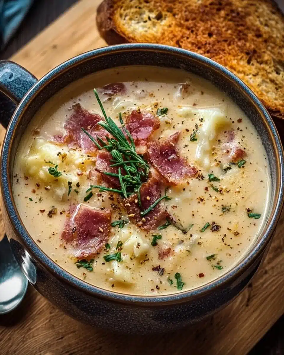 Creamy Reuben Soup in a bowl garnished with herbs and served with rye bread.