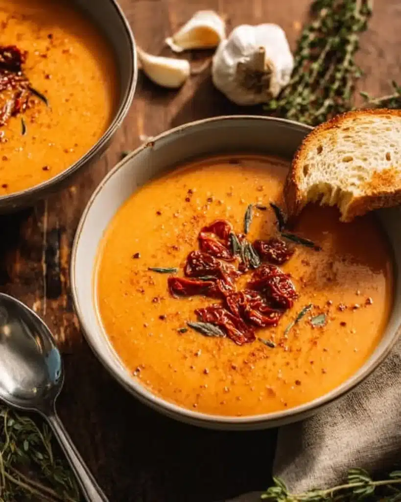 Bowl of creamy roasted garlic tomato soup with fresh herbs and bread