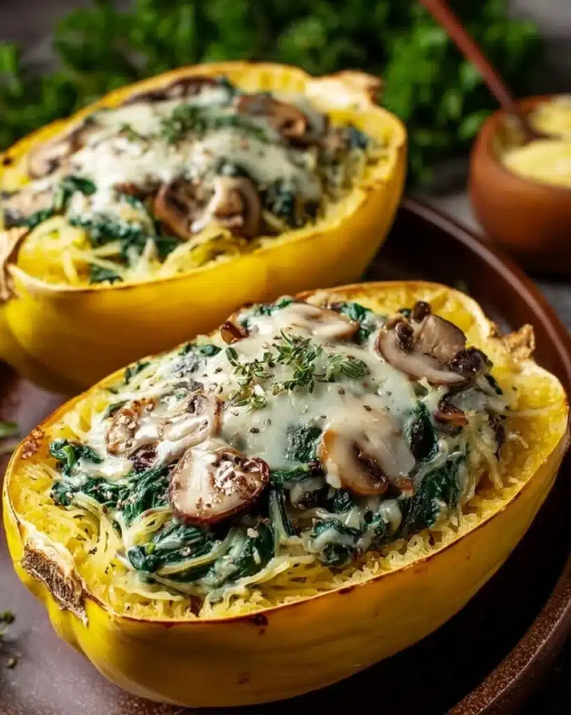 Creamy spinach and mushroom stuffed spaghetti squash dish