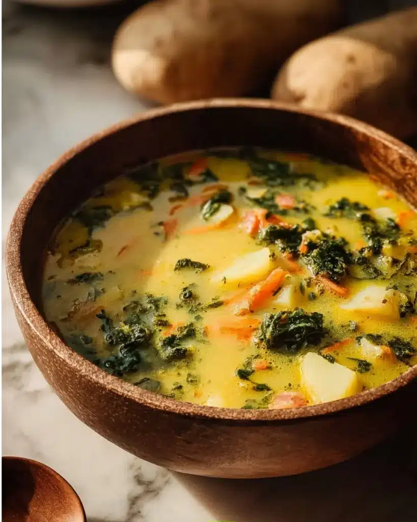 Creamy vegan carrot potato soup garnished with fresh herbs in a bowl