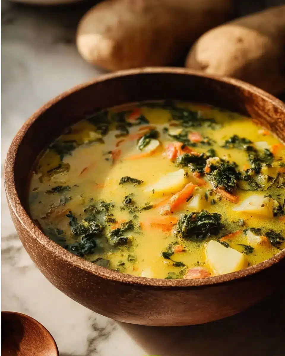 Creamy vegan carrot potato soup garnished with fresh herbs in a bowl