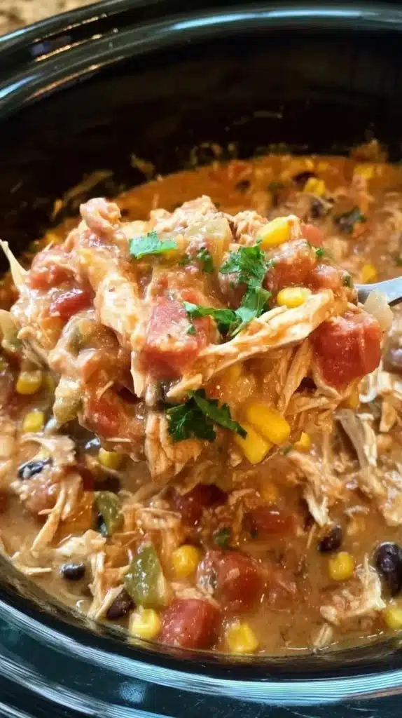 Bowl of Crock Pot Fiesta Chicken served with rice and toppings