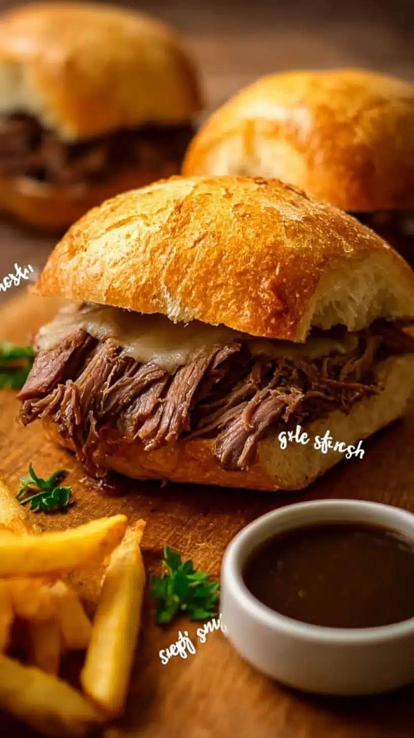 Crock Pot French dip sandwiches served with au jus for dipping