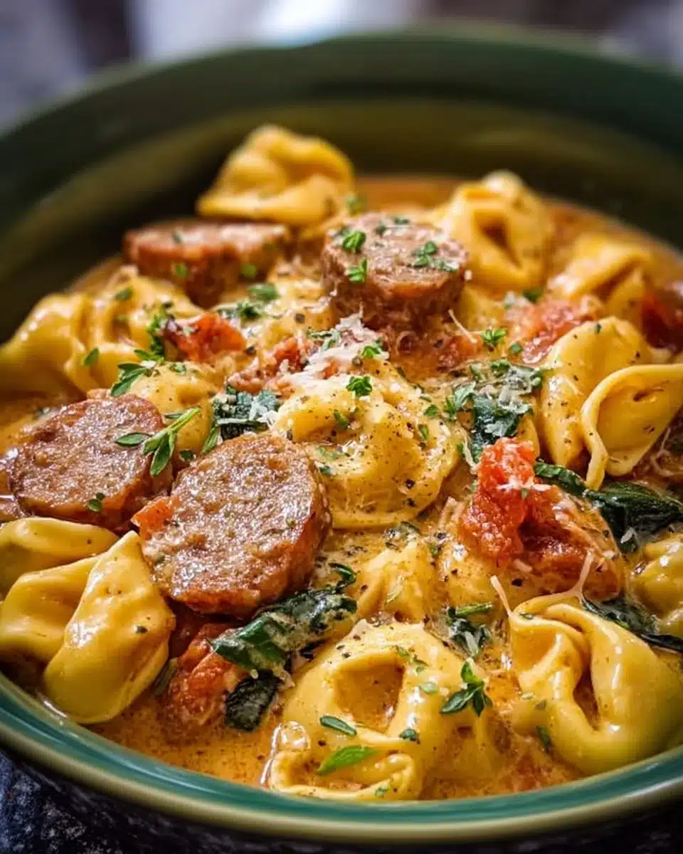 Creamy Crockpot Cheese Tortellini with sausage in a slow cooker.