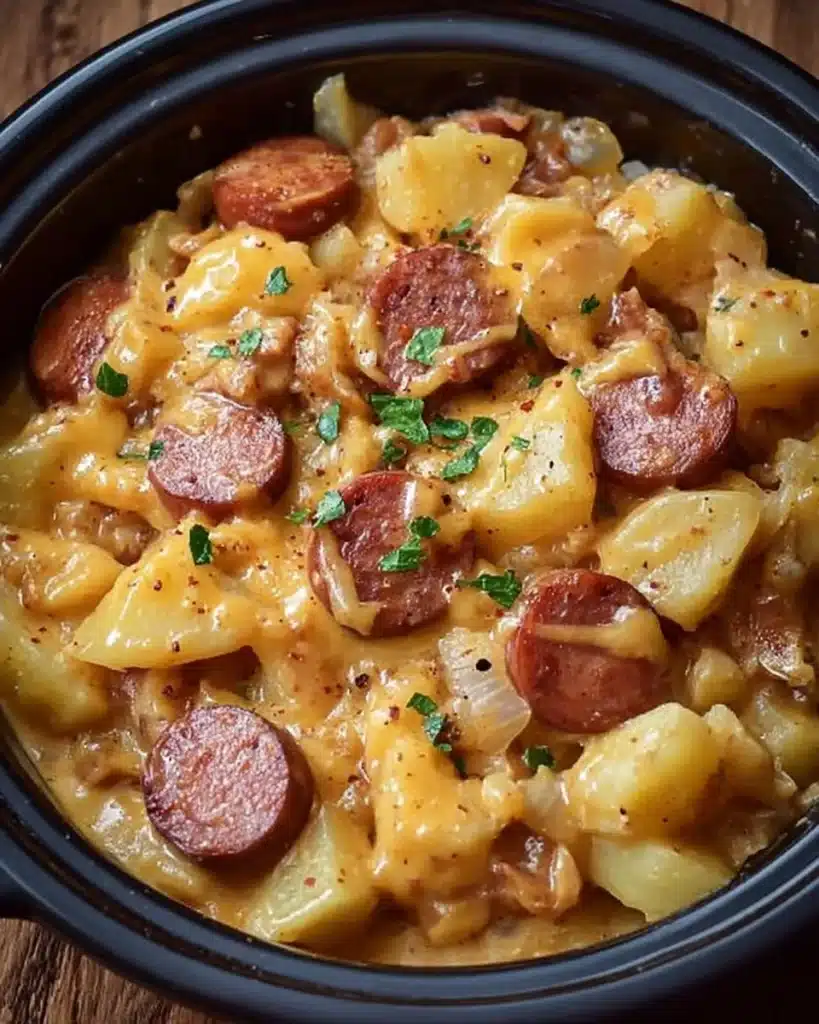 Crockpot Cheesy Potatoes with Kielbasa served in a bowl
