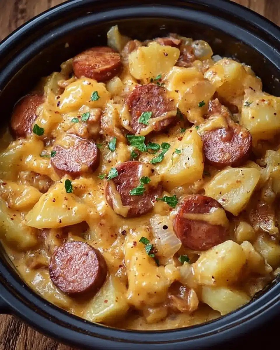 Crockpot Cheesy Potatoes with Kielbasa served in a bowl