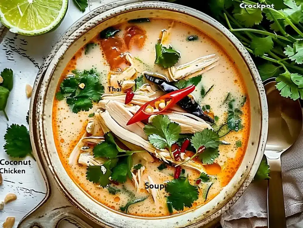 Bowl of Crockpot Thai Coconut Chicken Soup garnished with fresh herbs