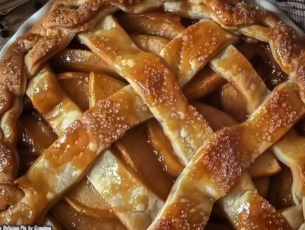 Homemade delicious apple pie by Grandma Ople, fresh and warm from the oven.