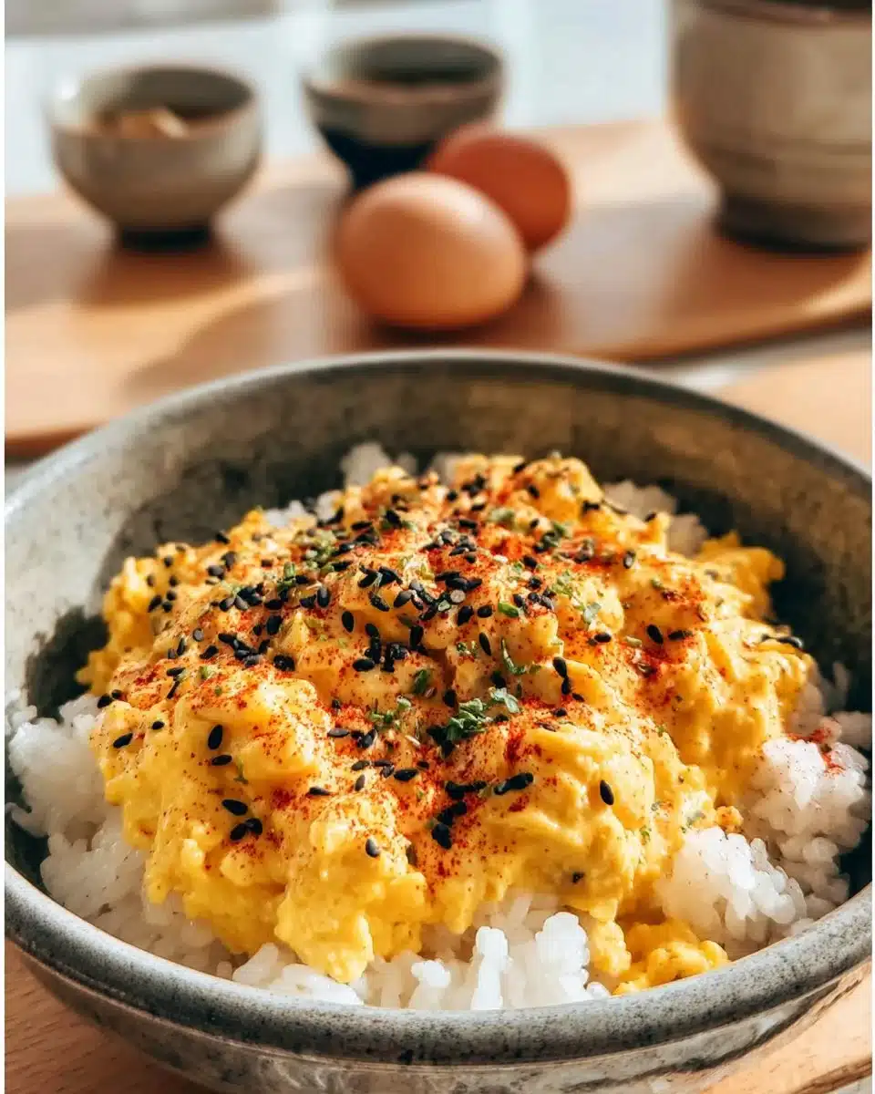 Bowl of delicious miso scrambled eggs garnished with green onions