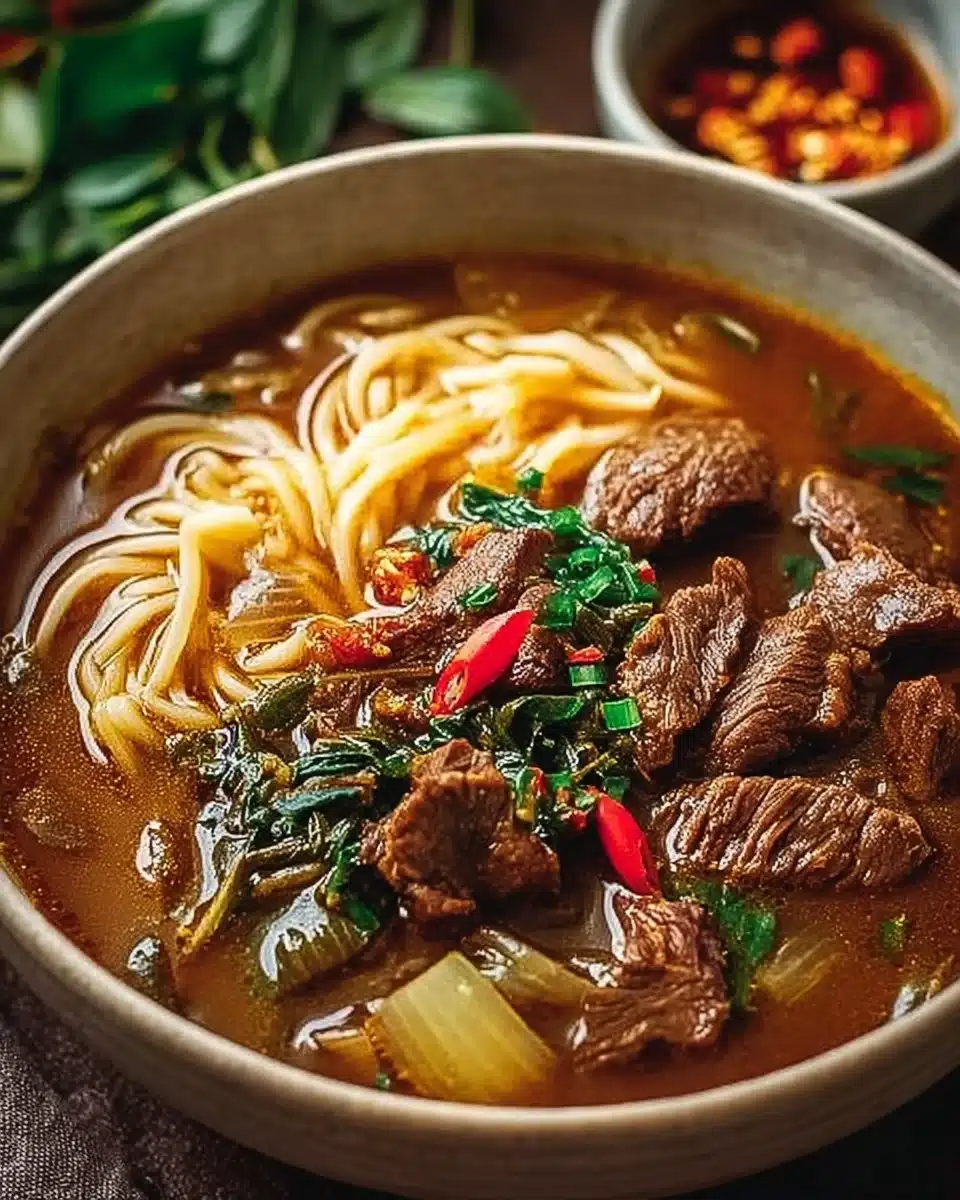Bowl of delicious satay beef noodle soup with fresh herbs and spices