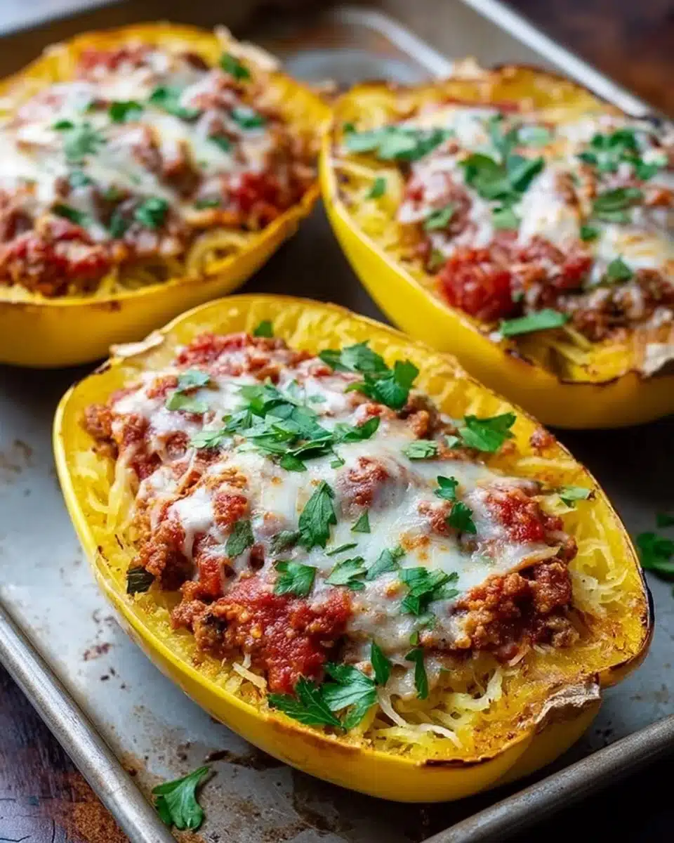 Stuffed spaghetti squash filled with colorful vegetables and herbs for a healthy dish.