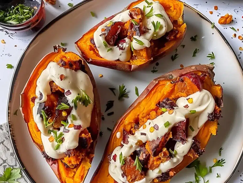 Delicious double baked loaded sweet potatoes topped with ingredients