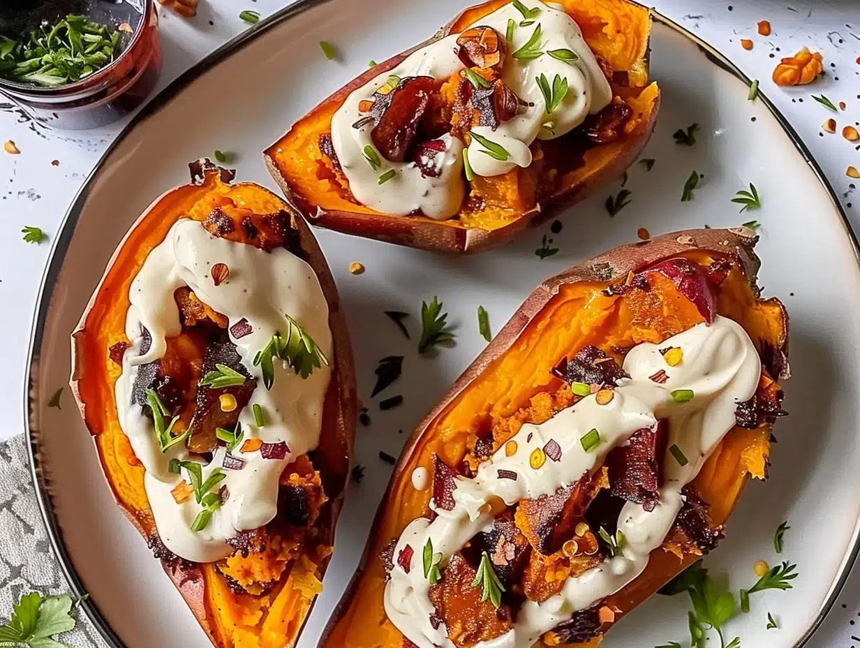 Delicious double baked loaded sweet potatoes topped with ingredients