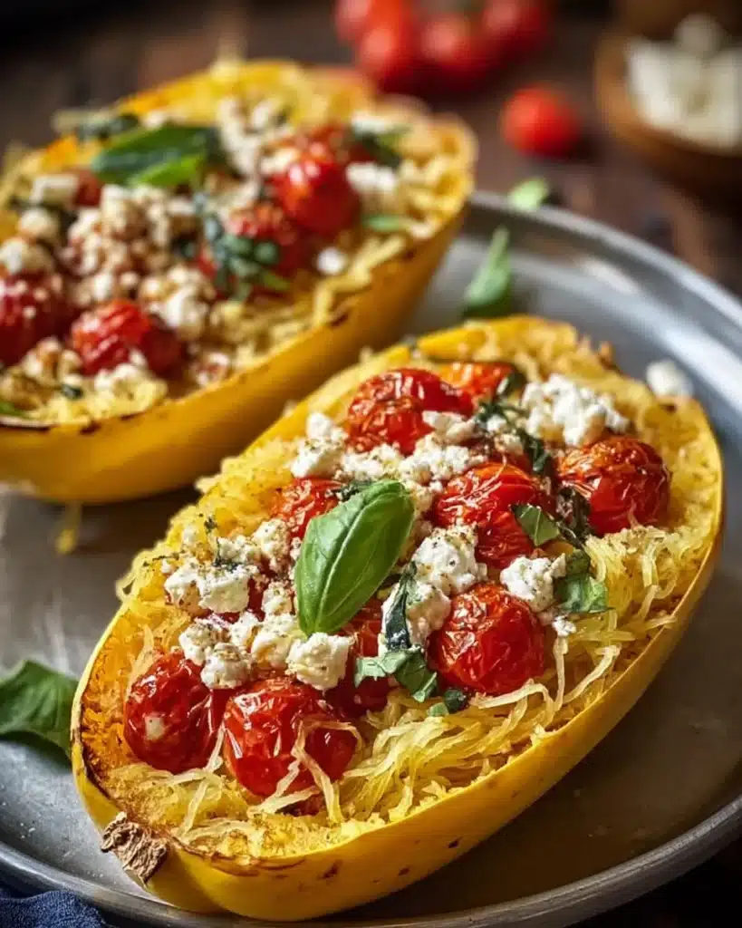 Easy baked feta spaghetti squash with tomatoes and peppers dish