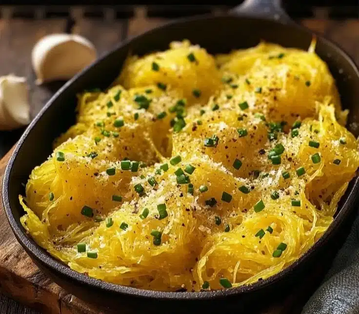 Easy baked spaghetti squash served on a plate with herbs and cheese