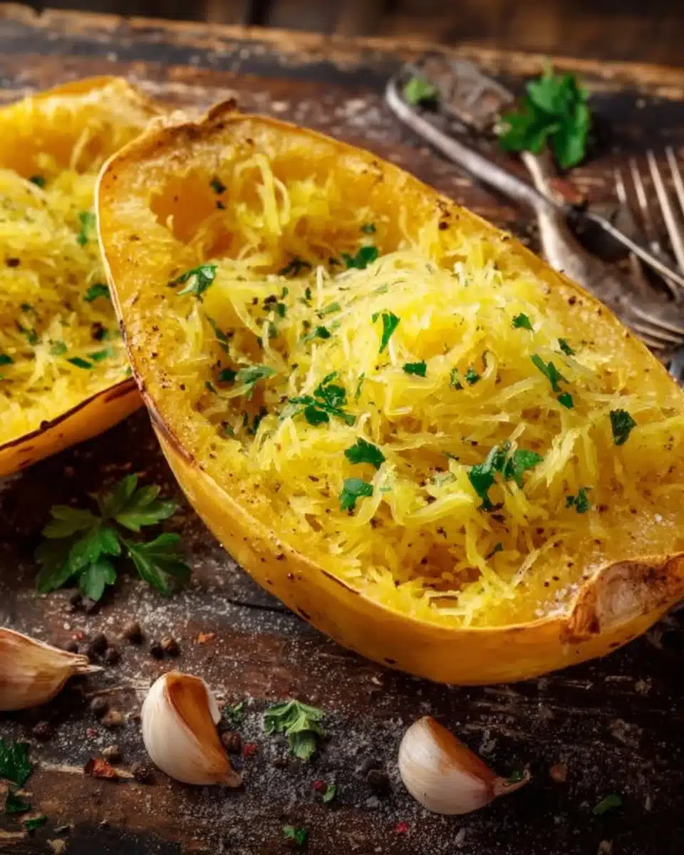 Easy Baked Spaghetti Squash 1 Baked spaghetti squash served with sauce and fresh herbs in a dish