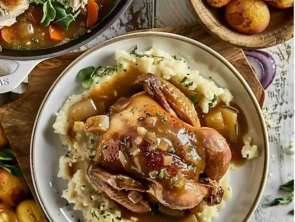 Easy crockpot chicken with savory gravy served on a plate