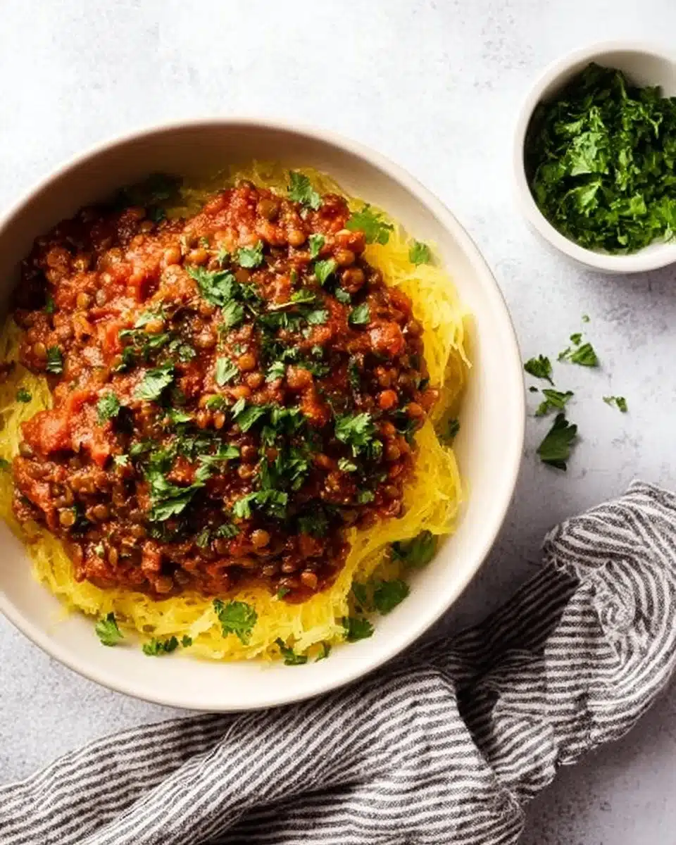 Delicious Lentil Bolognese sauce served over roasted spaghetti squash.