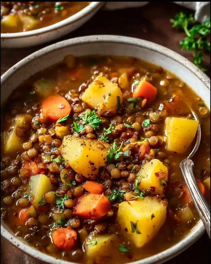 A bowl of Easy Lentil Potato Soup garnished with herbs and spices.