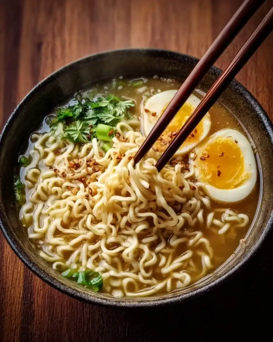 Bowl of easy ramen noodle soup with fresh ingredients and rich broth.