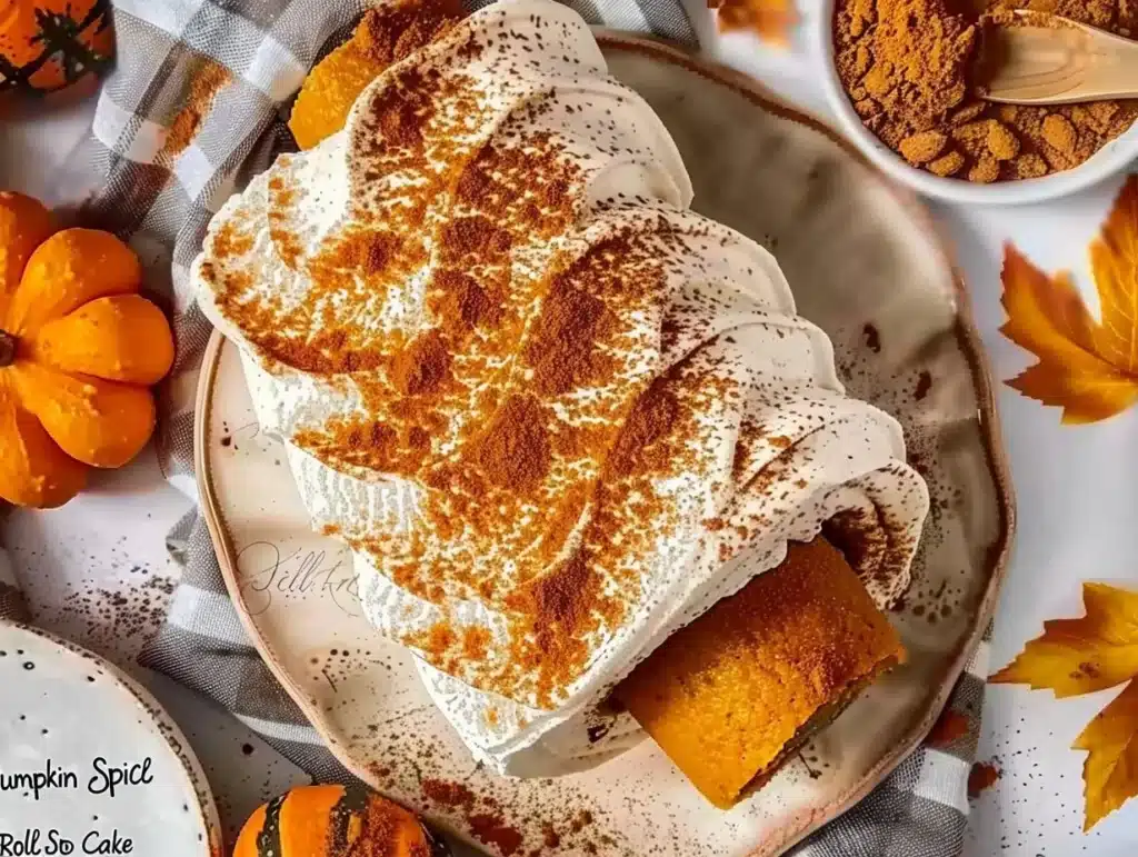 Delicious fall pumpkin spice roll cake with cream cheese filling and spices