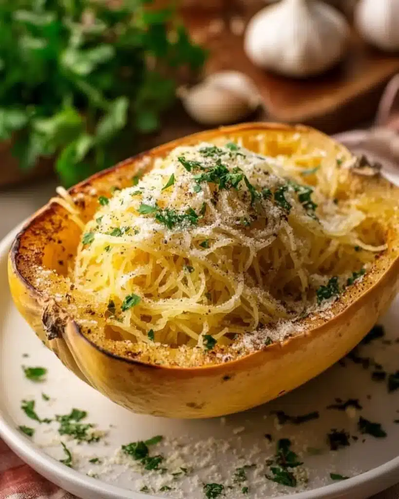 Delicious Garlic Butter Parmesan Spaghetti Squash served on a plate