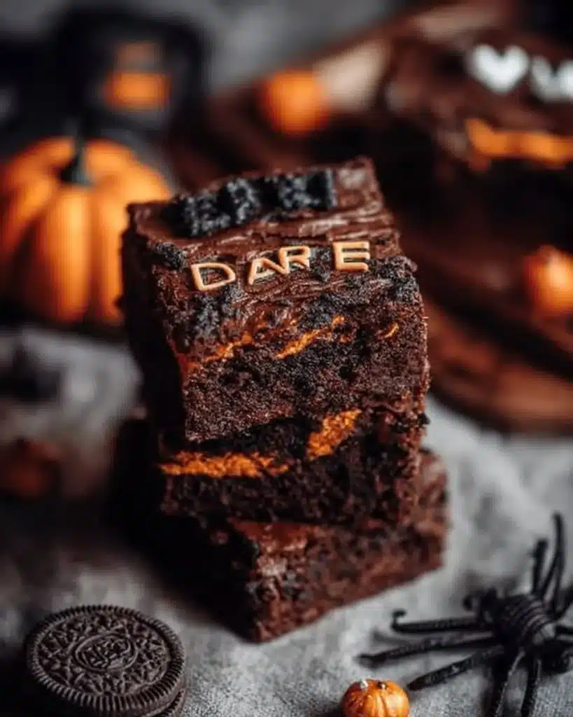 Halloween Oreo stuffed brownies topped with festive decorations