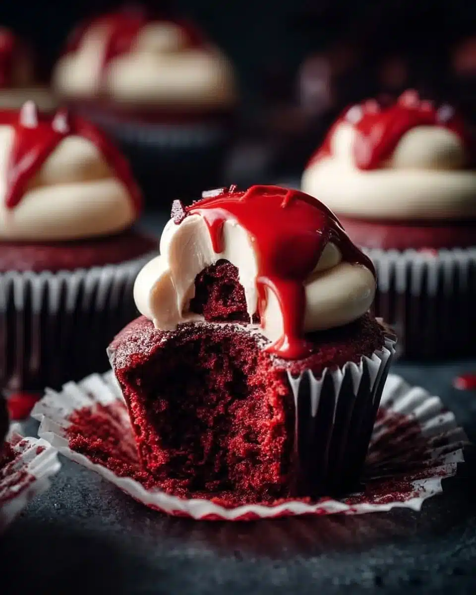 Halloween vampire bite cupcakes with red icing and cherry filling