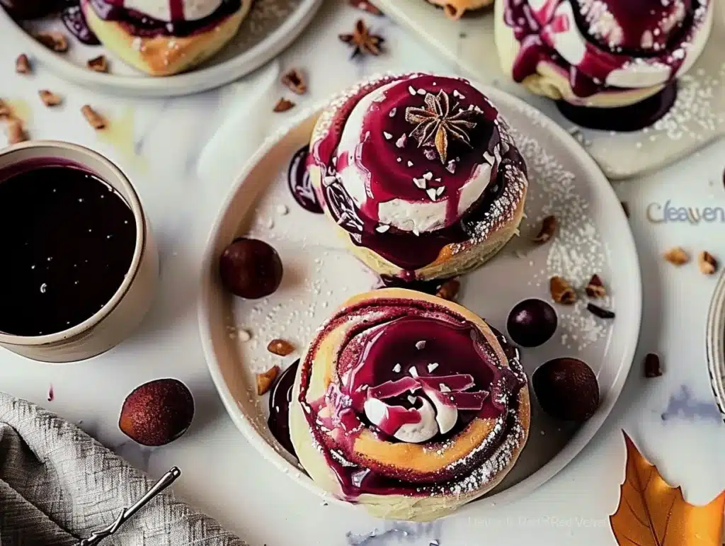Heavenly red velvet cinnamon rolls topped with cream cheese frosting on a wooden tray.
