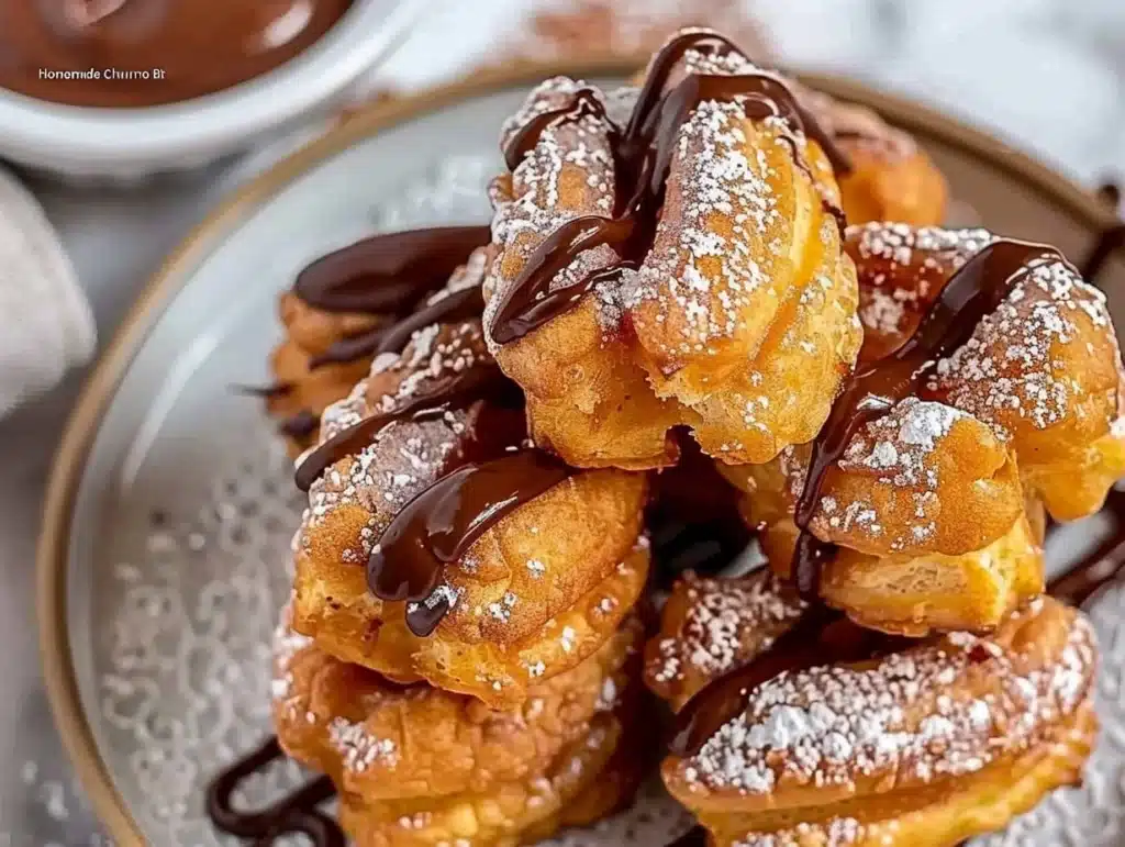 Plate of homemade churro bites served with Nutella dipping sauce.
