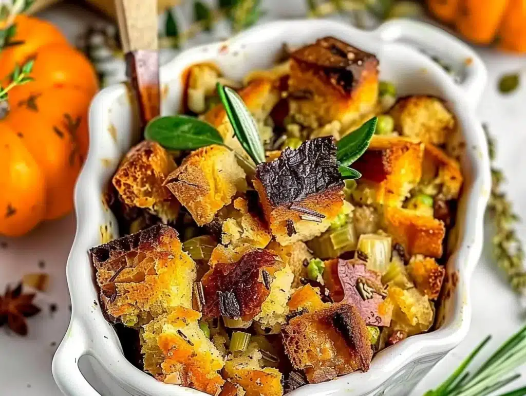Delicious homemade stuffing with herbs and bread, perfect for holiday meals.